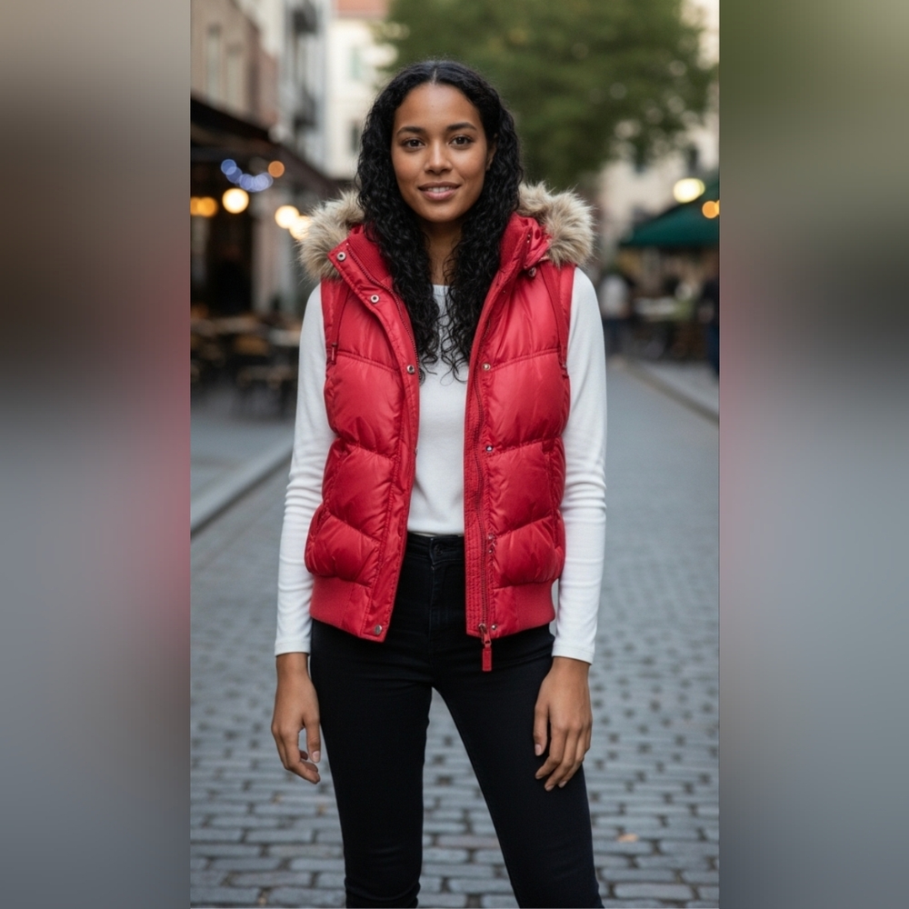 INC International Concepts Red Puffer Vest with Faux Fur